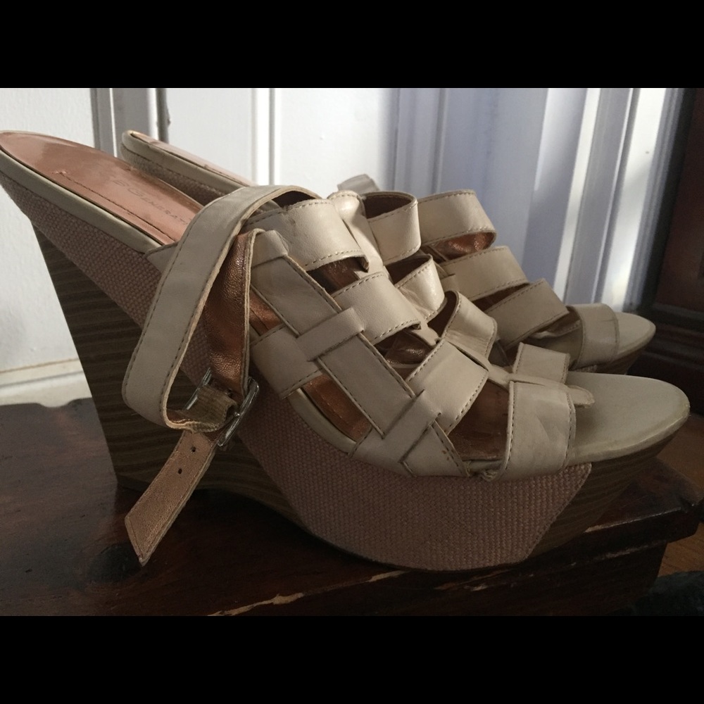 BCBGgeneration Strappy White Leather Wedges